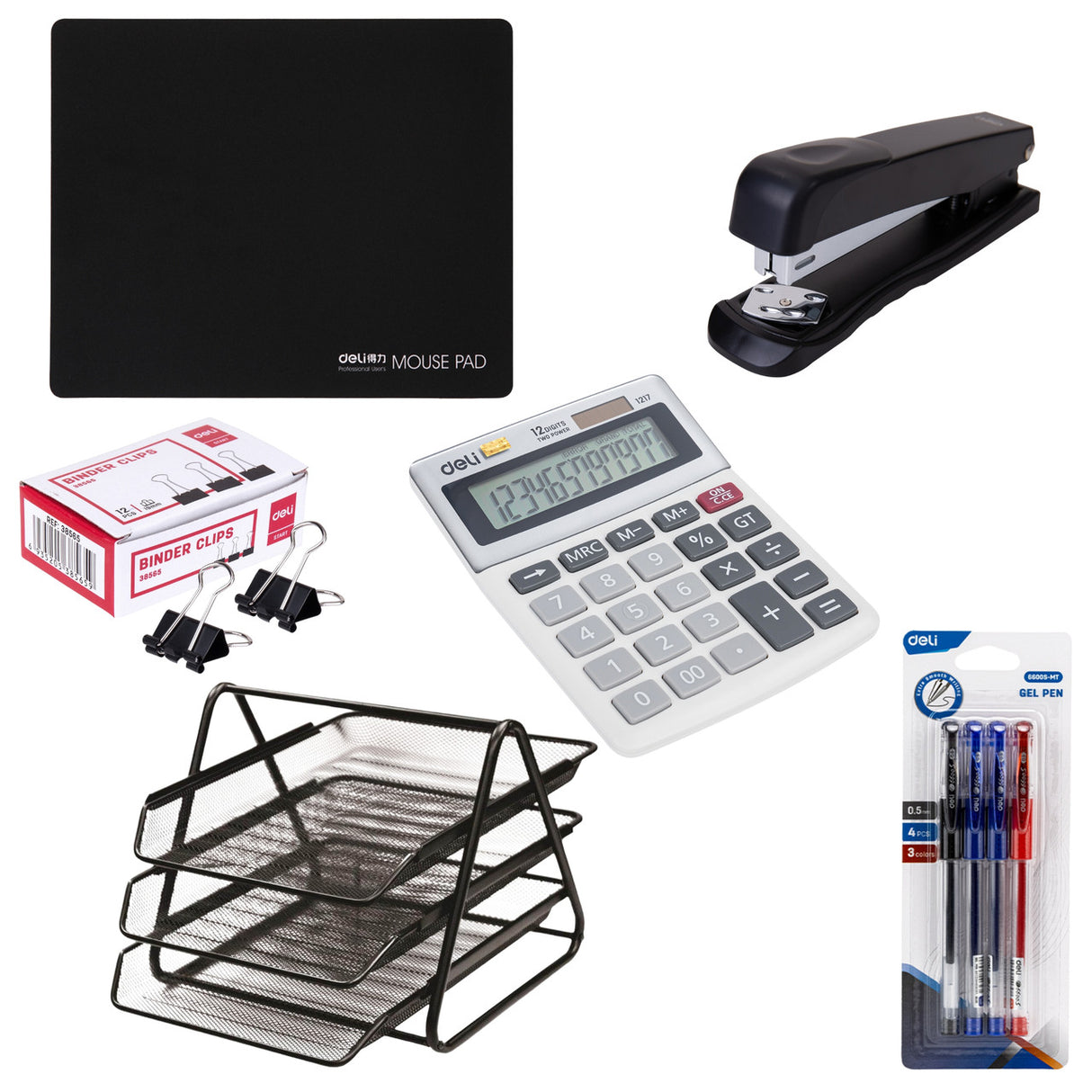 Office Bundle - Mouse Pad, Foldback Clips, Calculator, Stapler, 3 Tier Letter Tray, 3 colour Gel Pens