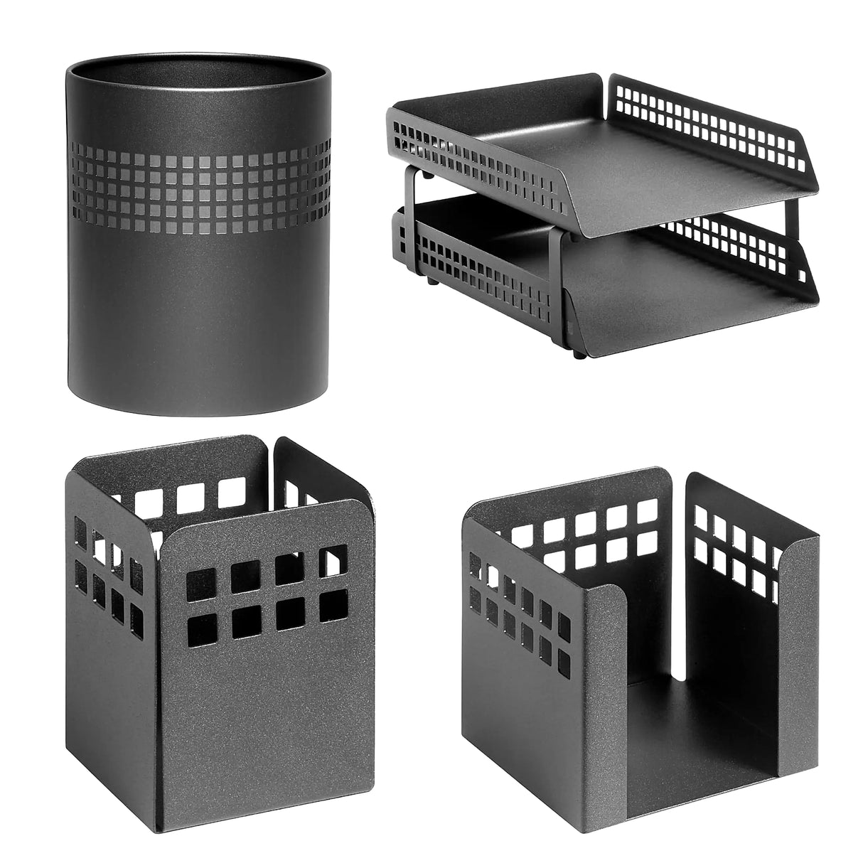 Square Punch Steel Desk Set: Two - Tier Letter Tray, Paper Cube Holder, Pencil Cup, and Waste Paper Bin