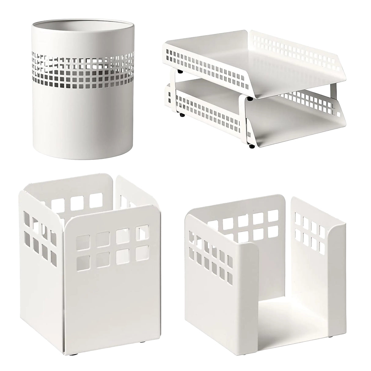 Square Punch Steel Desk Set: Two - Tier Letter Tray, Paper Cube Holder, Pencil Cup, and Waste Paper Bin