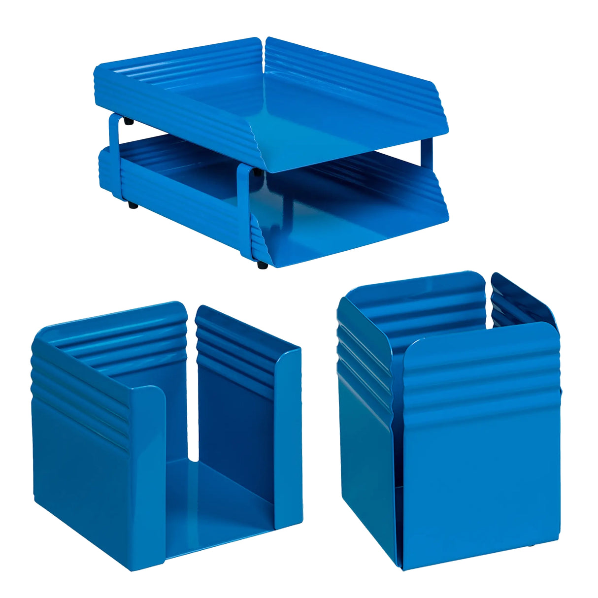 Fluted Steel Desk Set: Two Tier Letter Tray, Paper Cube Holder, and Pencil Cup
