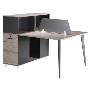 1400 mm Two-Way Workstation with Modern Design, Featuring a Spacious Dual-Sided Desk with Partition, Storage Cabinets, and Sleek Grey and Natural Wood Finishes for Efficient Office Workspace.