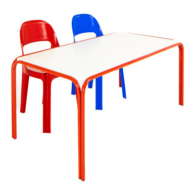 Baby Table 900 x 600 mm, White Top with Red Steel Frame with two Alpine Chairs