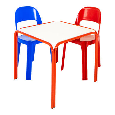 Baby Table 600 x 600 mm with white top, red steel frame and Alpine Chairs.