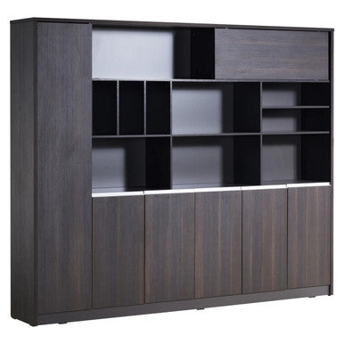 2400 mm Dark Oak Executive Wall Unit FOF-OFW-M409, Modern Black and Dark Oak Finished Storage Wall Unit with Multiple Open Shelves and Cabinets for Office or Living Room Storage.