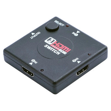 3-Port HDMI Switch, Compact Black Device with Select Button and Ports for HDMI Input and Output, Used for Connecting Multiple HDMI Sources to a Single Display.