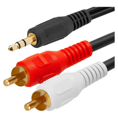 3.5 mm Audio Jack to Two Male RCA Connectors Cable (20 Metres), Close-Up of the Black, Red, and White RCA Connectors with Gold-Plated Tips and Textured Grips for Audio Connection.
