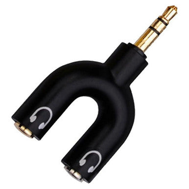 3.5 mm Male Audio Jack - 2 x 3.5 mm Female Audio Jack Adaptor, Compact Black Audio Adapter with Gold-Plated Connectors for Seamless Audio Device Connection.
