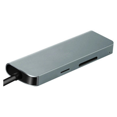 7 in 1 USB-C Hub, Sleek Grey Multiport Adapter with HDMI, USB 3.0, DP, SD, and TF Card Slots for Laptop Connectivity.