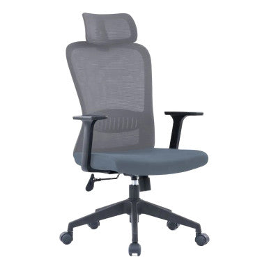 Grey Mesh Office Chair with Black Frame and Adjustable Headrest, from 67 Brand, Featuring High-back and Armrests, on Five Wheelbase. Adjustable Headrest Chair with Ergonomic Design and Sturdy Build for Comfort.