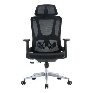 C4025 Office Chair with Black Mesh and Chrome Frame, High-back Design, Adjustable Features, and Five-Star Base with Wheels, Showcasing Ergonomic Office Seating with a Sleek and Modern Aesthetic.