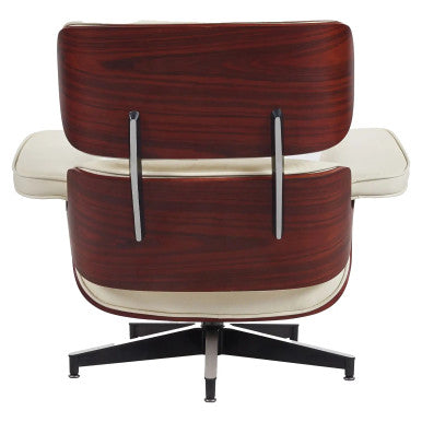 The Walnut Genuine Leather with Aluminium Frame Eames Leisure Chair and Footstool Features Genuine Leather Upholstery, a Walnut Wooden Frame, and an Aluminium Star Base. Available in Black, White, and Grey.