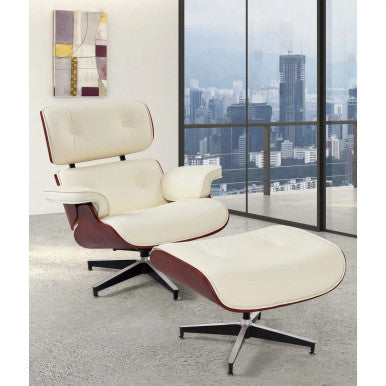The Walnut Genuine Leather with Aluminium Frame Eames Leisure Chair and Footstool Features Genuine Leather Upholstery, a Walnut Wooden Frame, and an Aluminium Star Base. Available in Black, White, and Grey.