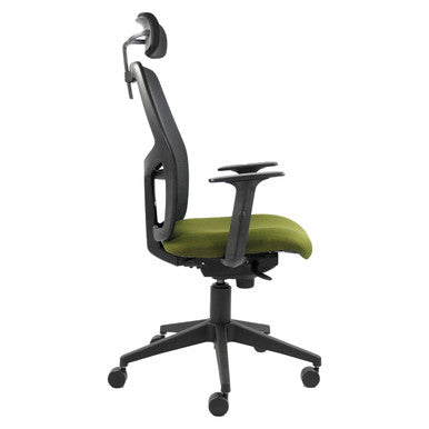 Airo High-back Office Chair | TEC-HCH-371, Ergonomic Office Chair with Green Cushioned Fabric Seat, Adjustable Armrests, and a Black Mesh Backrest with Headrest.