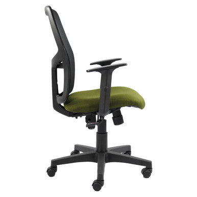 Airo Medium-back Office Chair, Ergonomic Office Chair with Green Fabric Seat Cushion, Adjustable Armrests, and a Black Plastic Frame with a Sturdy Five-Star Wheeled Base.