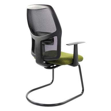 Airo Visitor Office Chair by 67, a Stylish Visitor Office Chair with a Sleek Black Frame, Green Cushioned Seat, and Moulded Backrest, Showcasing Its Modern Design and Comfortable Features in a Contemporary Workspace Setting.