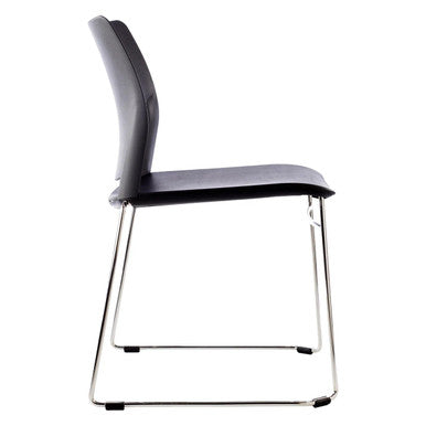 Alfa Polymer Sleigh-Base Side Chair, a Modern Chair by Office Stock South Africa. Black Leather Seat and Backrest on Sleek Silver Metal Frame, Showcasing a Contemporary Design Ideal for Indoor and Outdoor Settings.
