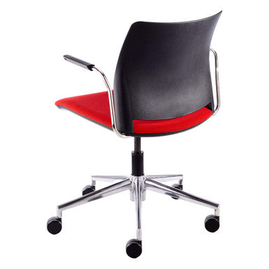 Alfa Polymer Swivel-Only Side Chair with Arms, Black and Red Office Chair with Armrests, Ergonomic Design, Adjustable Height, with Chrome Base and Casters.