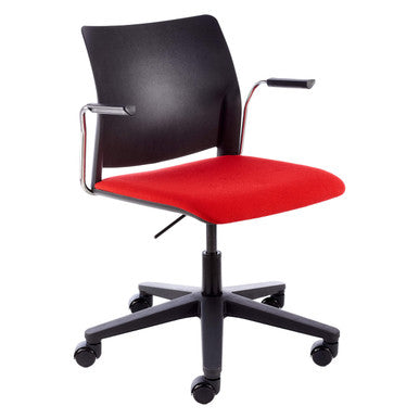 Alfa Polymer Swivel-Only Side Chair with Arms, Office Chair with Black Backrest, Red Cushioned Seat, and Armrests, on a Wheeled Base.