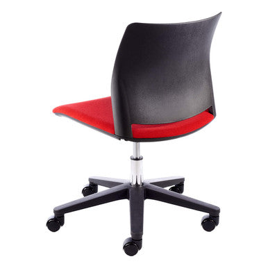 Alfa Polymer Swivel Chair with Black Frame, Red Seat, and Black Backrest on Five-Star Base with Castors, a Versatile Home Office Chair with Sleek Design and Modern Functionality.