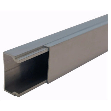 Aluminium Conduit 22 x 11 x 2900 mm Grey, a Long Rectangular Metallic Conduit Pipe with a Smooth Grey Finish and Open End for Electrical Wiring Installation.