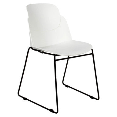Aspen Sleigh Base Restaurant Chair, with a White Moulded Plastic Seat and Backrest, Black Metal Sled-Style Legs Designed for Commercial Dining Settings.