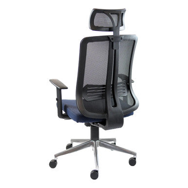 Avant High-back Chair, Ergonomic Office Chair with a High Backrest, Adjustable Armrests, and a Fabric Seat Cushion, on a Wheeled Chrome Base.