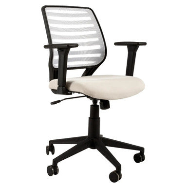 Aylee Operators Office Chair, Ergonomic Office Chair with Black Adjustable Armrests, a White Cushioned Seat, and a Breathable Mesh Backrest for Comfort and Support.