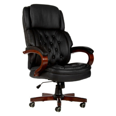 Bentley high-back office chair in bonded black leather, with solid wooden arms and a five-star base. This chair is a heavy-duty chair for 160kg. This is a 45-degree front-view image of the chair.