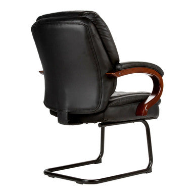 Bentley visitors chair in black bonded leather, with solid wooden arms, soft padding and a black powder-coated sleigh base frame. The image is a rear 45-degree view of the chair.