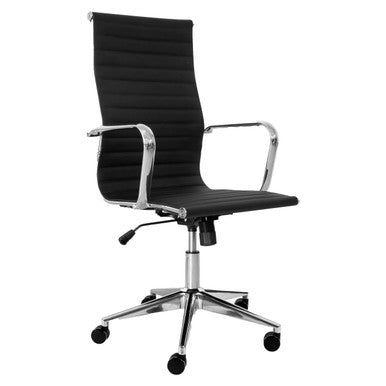 Blaze High-back Chair, Modern Black Executive Office Chair with Chrome Armrests and a Height-Adjustable Base.