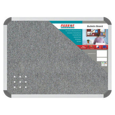 Bulletin Board Ribbed Aluminium Frame, 600 x 450 mm in Laurel Colour with a Textured Grey Fabric Surface for Displaying Notices and Posters.