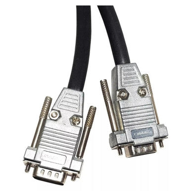 Cable - 15 Pin Male to Female VGA (10M), Close-Up Image of a VGA Extension Cable with Metal Connectors and Black Cable.