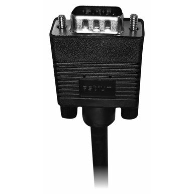 Cable - 15 Pin Male to Male VGA 5M Fly Lead, Close-Up of the Black VGA Connector with Metal Pin and Screw Holes, Used for Connecting Display Devices.