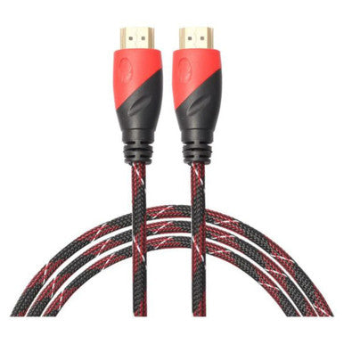 Cable - HDMI 4K 60 Hz - 5M CL1005-4K, Close-Up Image of Two HDMI Cables with Red and Black Braided Design and Gold-Plated Connectors.