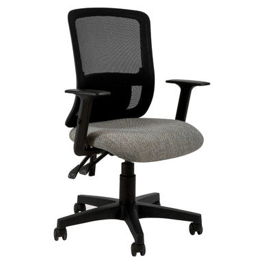 Calvi Typist Mesh Office Chair, Ergonomic Office Chair with Adjustable Armrests, Black Mesh Backrest, Grey Cushioned Seat, and Five-Wheel Base for Comfort and Mobility.