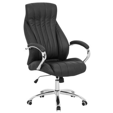 Capri High-back Office Chair, Black Leather Ergonomic Executive Chair with Chrome Armrests and a Five-Star Wheeled Base.