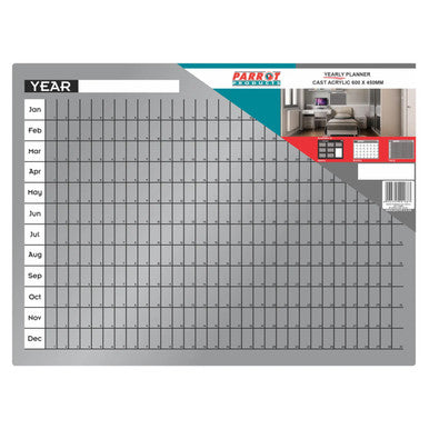 Cast Acrylic Yearly Planner, Clear Cast Acrylic 600 x 450 mm with a Detailed Calendar Layout for Each Month and Year, Suitable for Office or Home Planning.