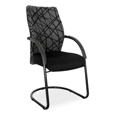 Cayman Visitor Office Chair by Office Stock South Africa, a Lightweight Meeting Chair with Black Metal Frame, Patterned Backrest and Cushioned Seat, Showcasing Comfort and Durability in a Sleek Design, Weighing 25 Kg.