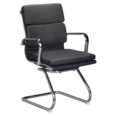 Classic Eames Cushion Visitor Office Chair, Black Leather Padded Seat with Ergonomic Backrest and Chrome Metal Frame, Modern Office Visitor Office Chair Design.
