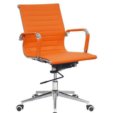 Classic Eames Ribbed Medium-back Chair, Orange Modern Ergonomic Office Chair with Ribbed Upholstery, Chrome Armrests and a Five-Star Wheeled Base.