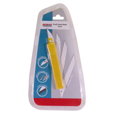 Craft Knife Blades 30Deg for CK1010 (10) CK1011, Packaging of Craft Knife Blades in a Plastic Blister Pack with a Yellow Handle and Blades, Ideal for Precision Cutting and Craft Projects.