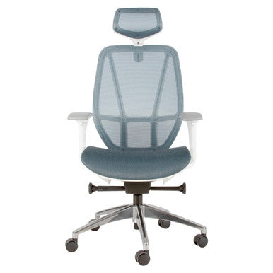 Crystal High-back Office Chair, Ergonomic Mesh Chair with Adjustable Headrest, White Armrests, Cushioned Seat with Fabric Upholstery, and a Five-Star Wheeled Base.