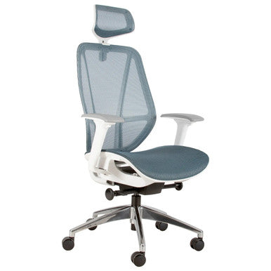 Crystal High-back Office Chair, Ergonomic Mesh Seat and Backrest with Adjustable Headrest, White Frame, and Chrome Base with Caster Wheels.