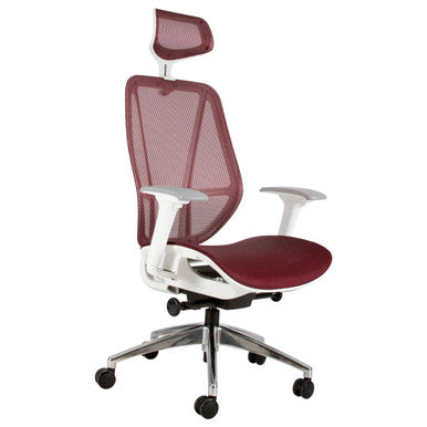 Crystal High-back Office Chair, an ergonomic office chair with a red mesh backrest, a cushioned red fabric seat, adjustable armrests, and a headrest, featuring a chrome base with wheels for mobility.