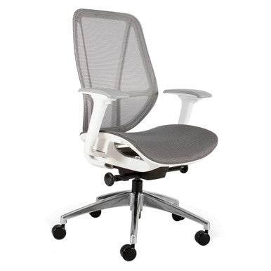 Crystal Medium-back Office Chair, Ergonomic Chair with Mesh Backrest and Cushioned Seat, Adjustable Armrests, and a Chrome Base with Caster Wheels.