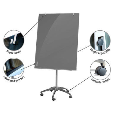 Customisable Glass Flipchart 900 x 1200 mm BD9144, with Adjustable Height, Lockable Casters, Integrated Pen Tray, Paper Hooks, and a Sleek Glass Surface for Versatile Presentations.