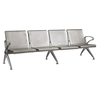 Die Cast Aluminium Airport Bench | JOC-ABC-ADCA3, Metallic Seating Bench with Four Seats, Perforated Backrests, Armrests, and Angled Legs.