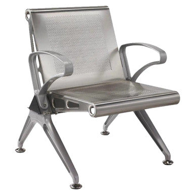 Die Cast Aluminium Airport Bench | JOC-ABC-ADCA3, Stainless Steel Airport Seating with Perforated Backrest and Seat, Armrests, and Sturdy Angled Legs for Durability in Airports.