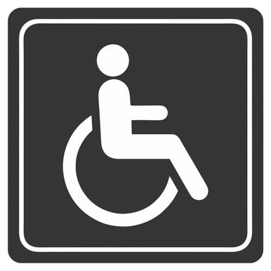 Black Printed Disabled Toilet Sign on White ACP with Rounded Edges Safety Sign, 150 x 150 mm, Featuring White Icon of Person in Wheelchair, from Brand 67, with Double-sided Tape, Printed with UV Print on Both Sides.