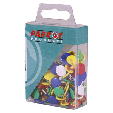Drawing Pins, Boxed Pack of 100 Assorted Push Pins in Multiple Colours Including Blue, White, Red, Yellow, and Green.